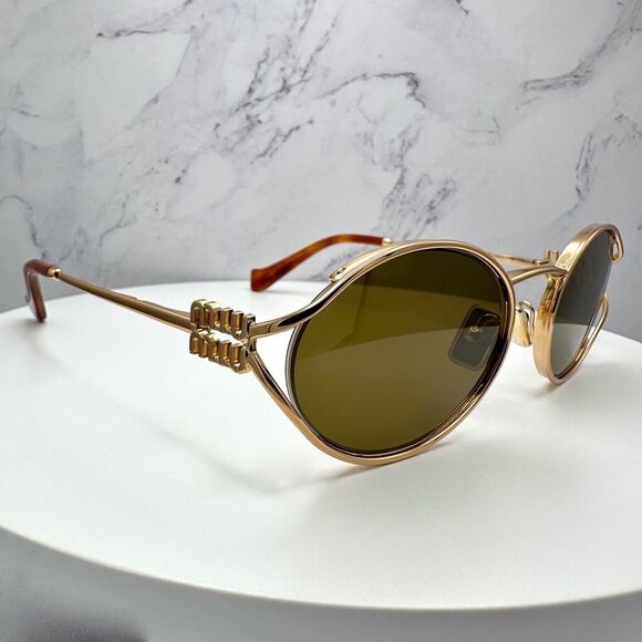 New MIU MIU Sunglasses Gold Oval Skinny Metal Frame Italy 100% Authentic - Picture 13 of 16